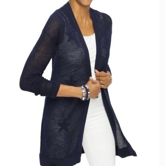 Talbots Plus Navy Blue Cotton Loose Knit Star Accent Open Front Cardigan Size X - Picture 1 of 7